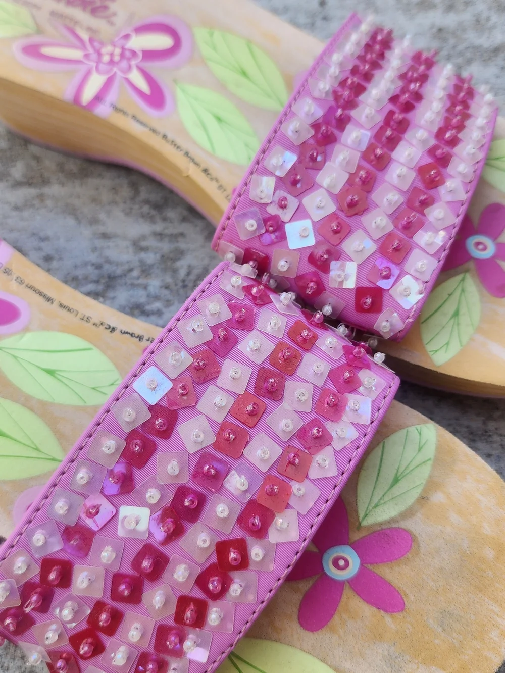Rare Barbie Y2K Vintage Pink Floral Sequin Slide Sandals, Girls/Youth Sz 4